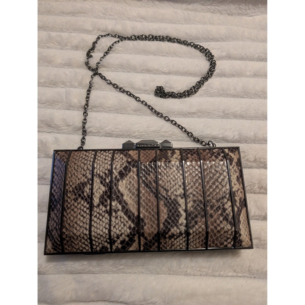 BCBGMAXAZRIA Snakeskin Print Hard Shell Cage Clutch Gunmetal Chain Crossbody Bag